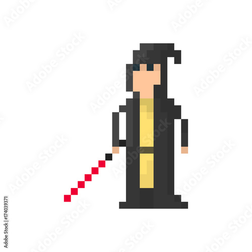 Pixel space warrior in a hood with a lightsaber. Сharacter for games and applications