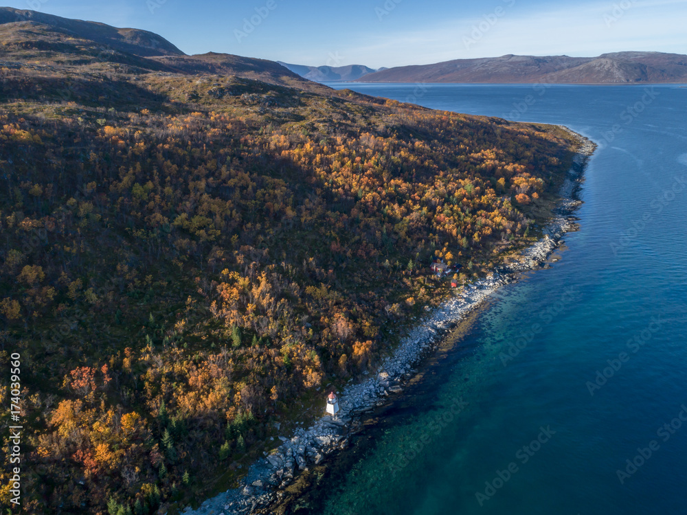 Aerial drone view of beautiful coastline with a lighthouse during autumn.