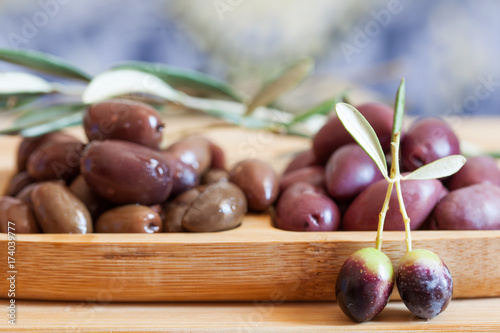 olives on wooden background, kalamata, kalamon, green olives