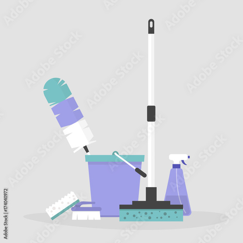 Household chores. Set of cleaning tools: a mop, a bucket, a feather duster, a bottle of cleaning spray, a brush and a sponge. Flat editable vector illustration, clip art