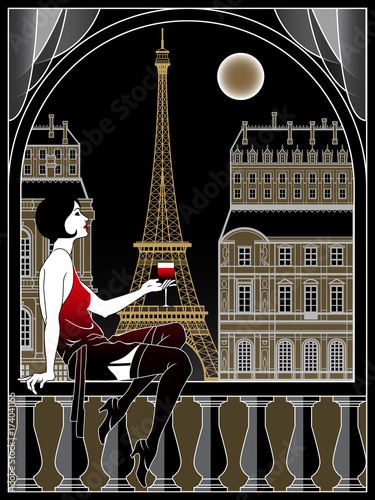 Flapper girl with wineglass on a background of Paris at night. Handmade drawing vector illustration. Art Deco style