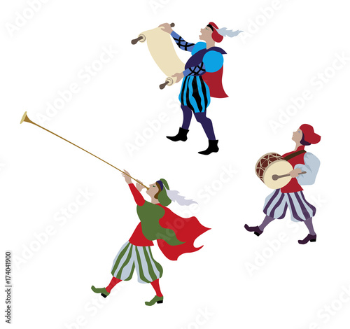 Medieval cartoon characters in european middle ages or medieval period historic period persons. Vector illustration of renaissance fair or christmas market.