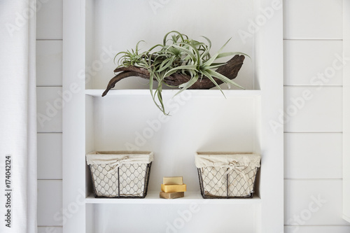 Shelving in rustic farmhouse bathroom