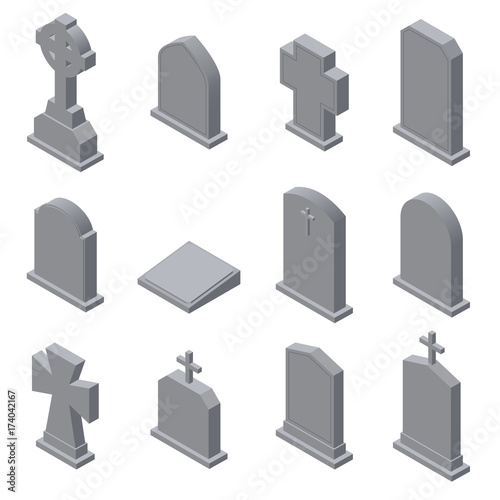 Set of gravestones isolated on white background. Isometric vector illustration