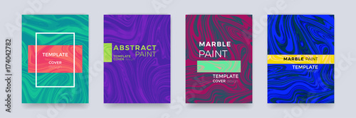 Marble color splash or paint abstract design texture background for brochure banner, poster or magazine cover template vector set. Marbling texture creative watercolor art pattern gradient backdrop
