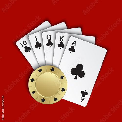 A royal flush of clubs with gold poker chip on red background, winning hands of poker cards, casino playing cards and chip