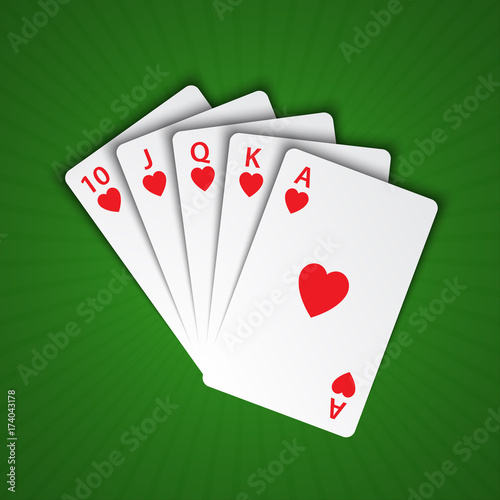 A royal flush of hearts on green background, winning hands of poker cards, casino playing cards