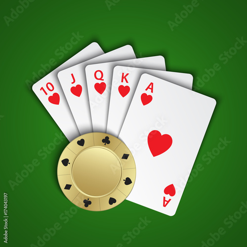 A royal flush of hearts with gold poker chip on green background, winning hands of poker cards, casino playing cards and chip
