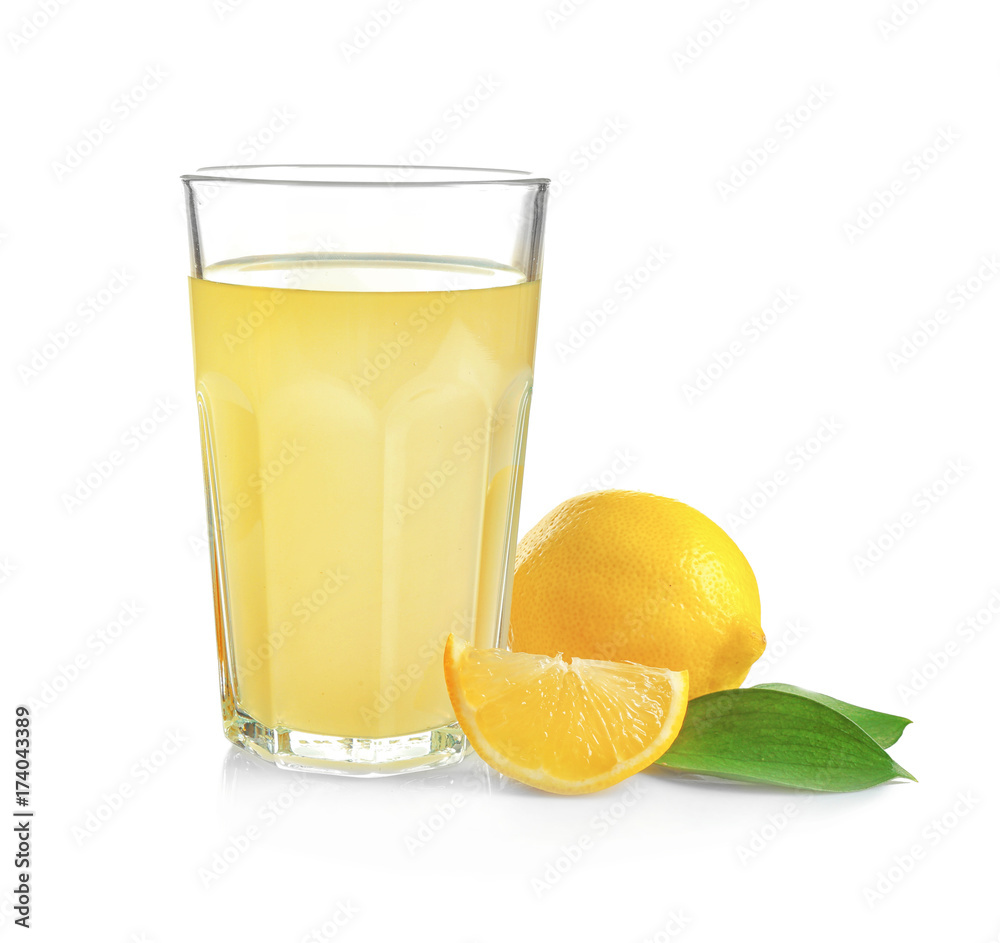 Glass of fresh lemon juice on white background Glass of fresh lemon juice on white background