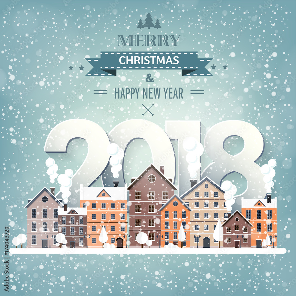 Winter urban landscape. City with snow. Christmas and new year. Cityscape. Buildings.2018.Vector illustration.