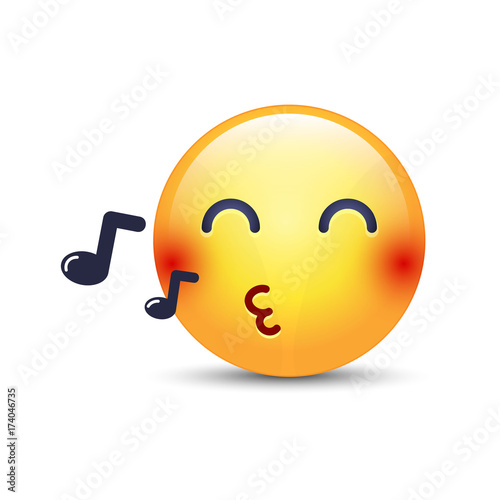 Singing smiley face. Emoji whistles a song. Cartoon vector emoticon with notes. Happy yellow vector cartoon character with eyes closed