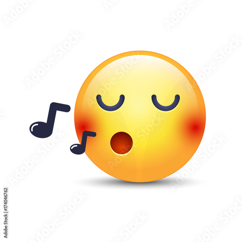 Singing smiley face. Emoji whistles a song. Cartoon vector emoticon with notes. Happy yellow vector cartoon character with eyes closed