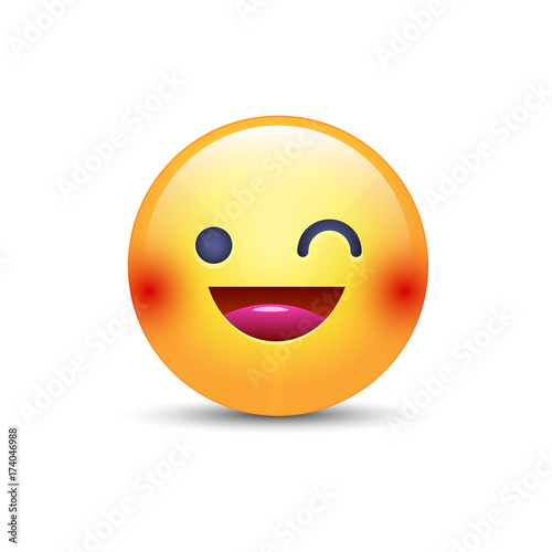Winking fun cartoon emoji face. Wink and smile happy vector emoticon. Laughing smiley for chat and app.