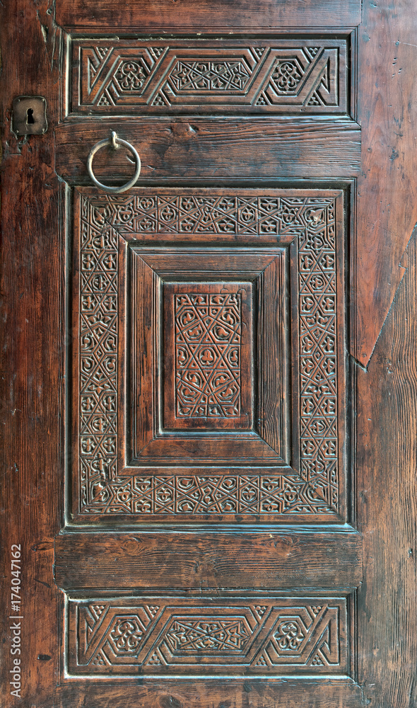 Wooden ornate door of Mausoleum of al-Salih Nagm Ad-Din Ayyub, Cairo, Egypt