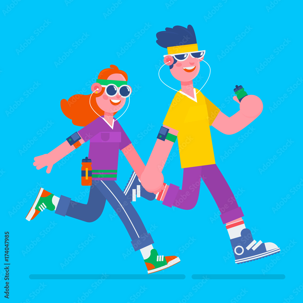 Obraz premium Young man and woman jogging. Young man and woman running with music earphones and smart phone.Fitness run flat vector illustration
