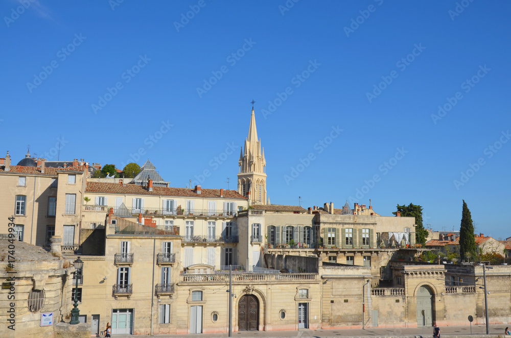 Montpellier cityscape with an old church on the background
