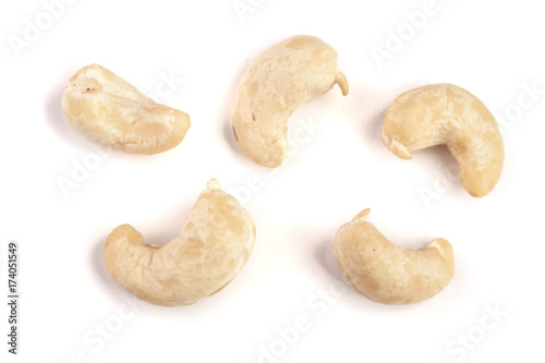 Cashew nuts isolated on white background. Top view