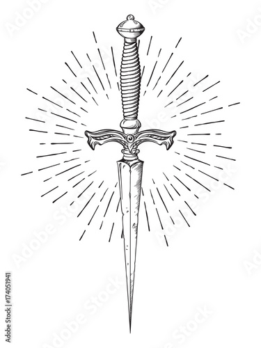 Fotografia Ritual dagger with rays of light isolated on white background hand drawn vector illustration