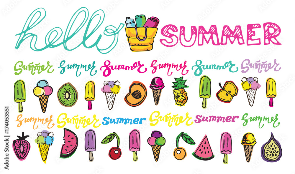 hand drawn doodle summer illustration with ice-cream
