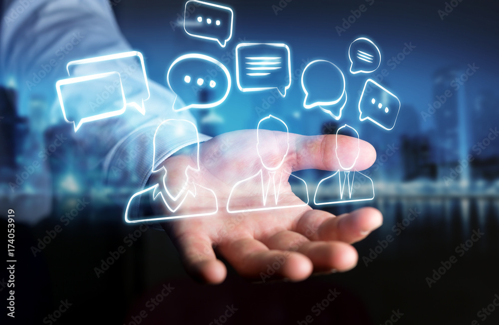 Businessman holding discussion icons sketch Businessman holding discussion icons sketch