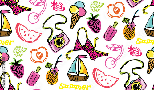 Hand drawn doodle vector summer banner. Summer template banner. Hello, summer! Vector illustration.