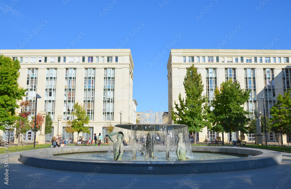 Antigone building with a beautiful fountain in Montpellier city