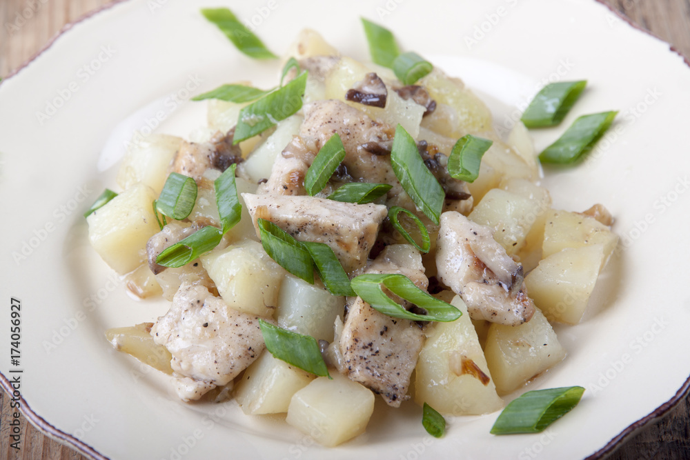 Fried potatoes with chicken and mushrooms Fried potatoes with chicken and mushrooms