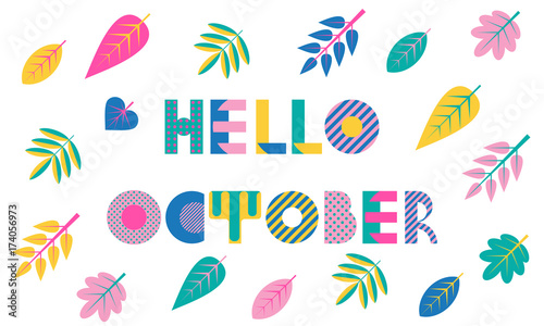 Hello october. Trendy geometric font in memphis style of 80s-90s. Abstract geometric background