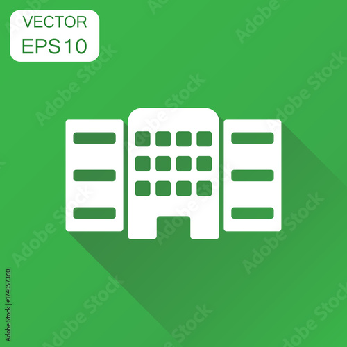 Building icon. Business concept building pictogram. Vector illustration on green background with long shadow.