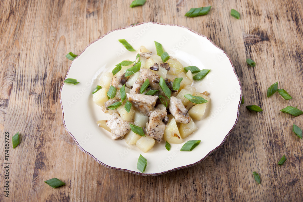 Fried potatoes with chicken and mushrooms Fried potatoes with chicken and mushrooms