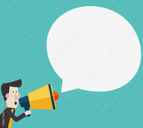 Business man shouting in a megaphone. Man announcing through loudspeaker advertising