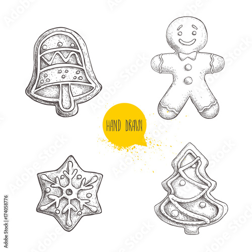 Hand drawn sketch traditional Christmas cookies set. Hand bell. gingerbread men, snowflake and christmas tree. Collection of vector hand made illustration.
