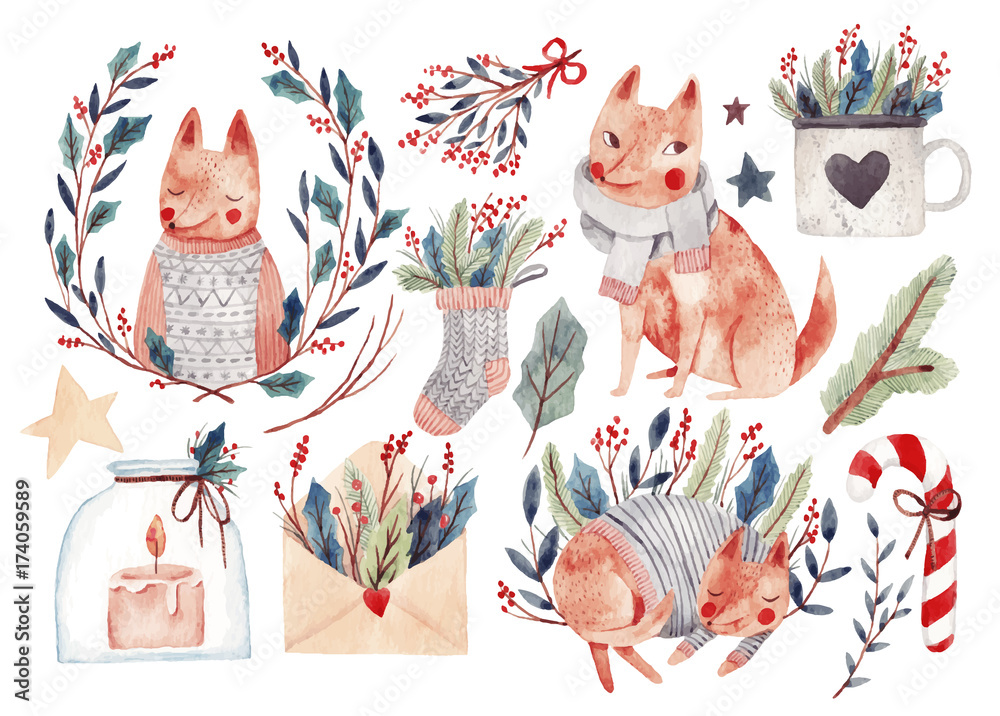 Big watercolor set with christmas elements, dogs, fox and plants. Hand drawn watercolor illustration.