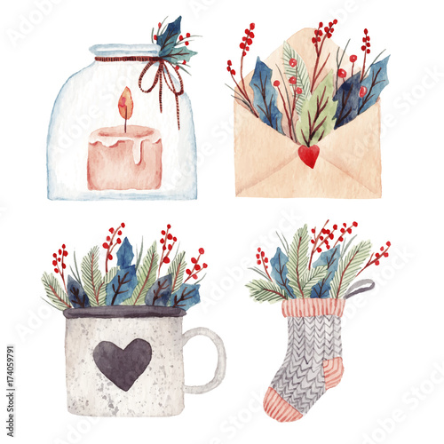 Christmas set with cup, candle, envelope and sock. With beautiful green branches and berries. Watercolor hand drawn illustration.