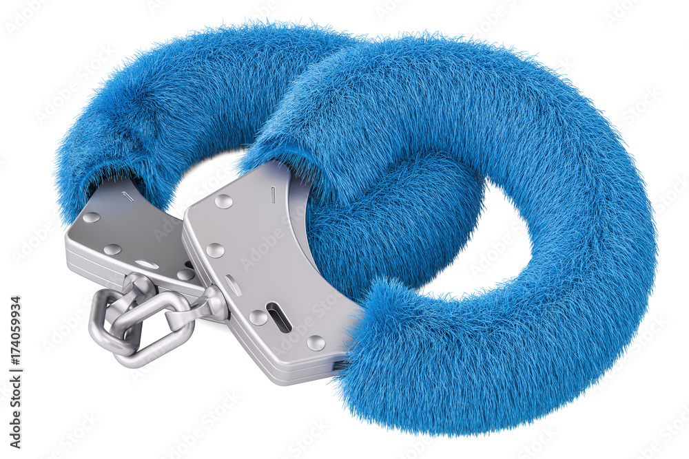blue sexy fluffy handcuffs closeup, 3D rendering Stock Illustration Adobe Stock