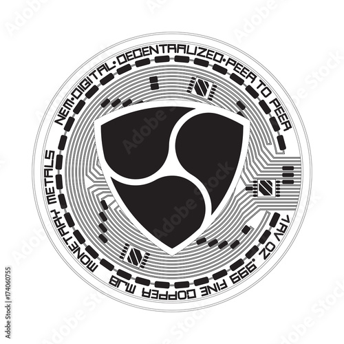 Crypto currency black coin with black lackered nem symbol on obverse isolated on white background. Vector illustration. Use for logos, print products, page and web decor or other design.