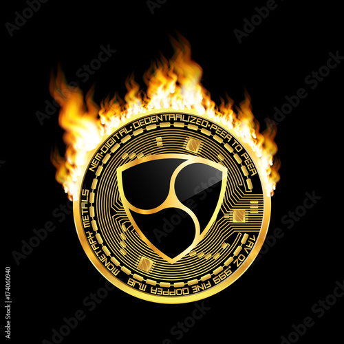 Crypto currency golden coin with black lackered nem symbol on obverse surrounded by realistic flame and isolated on black background. Vector illustration.