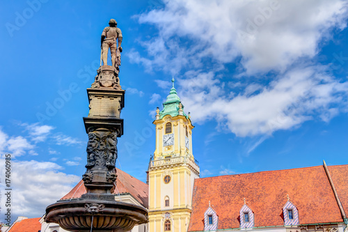 Photography Old Town Hall and Roland Fountain in the city center of Bratislava, Slovakia