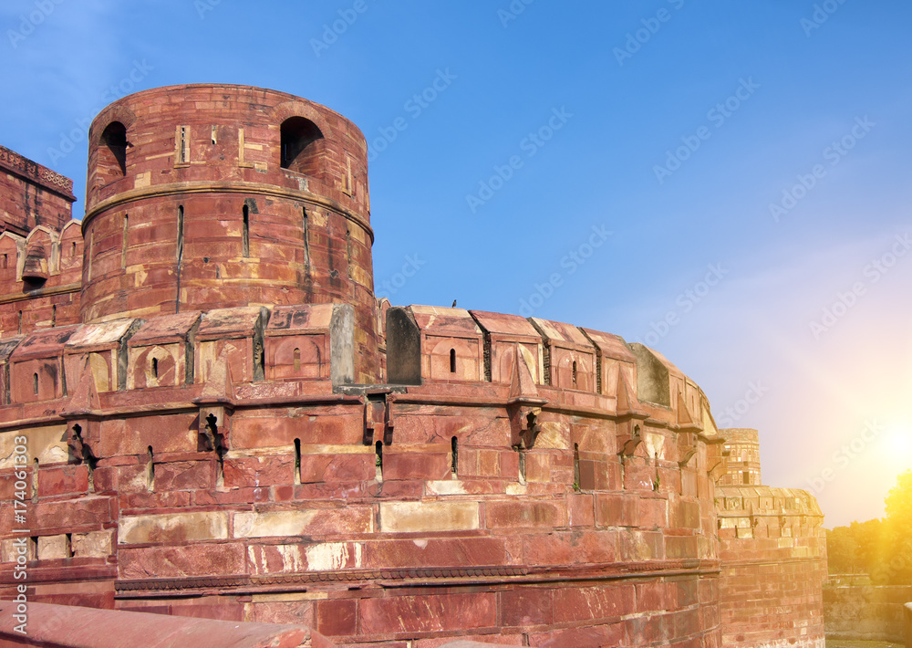wall of Red fort on a sunset. Agra. India