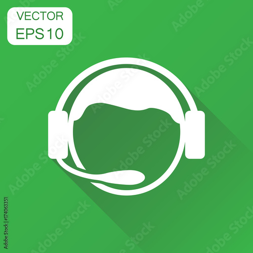 Operator with microphone icon. Business concept operator in call center pictogram. Vector illustration on green background with long shadow.