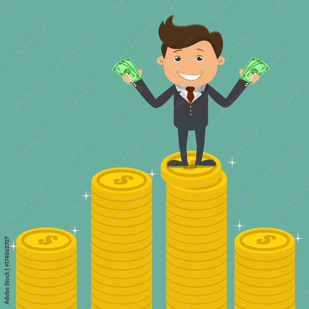Happy Businessman standing holding money on the pile of coins - vector illustration Happy Businessman standing holding money on the pile of coins - vector illustration