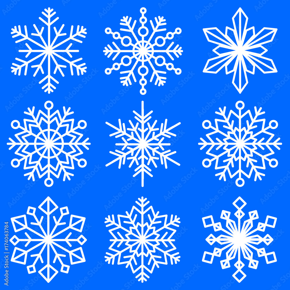set of snowflakes of different shapes. Patterned decorative snowflakes. Winter symbolism. Vector Image.