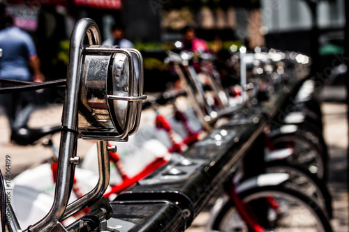Eco Bikes aligned in downtown Mexico