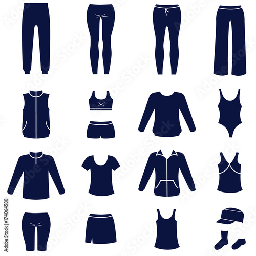 Different types of women sport clothes as glyph icons