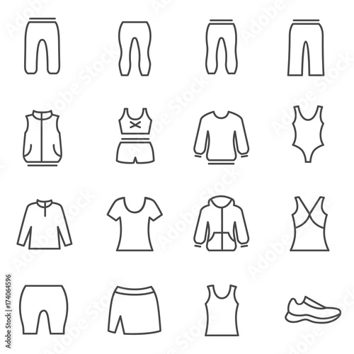 Different types of woman’s sport clothes / Clothes for sport and home as line icons