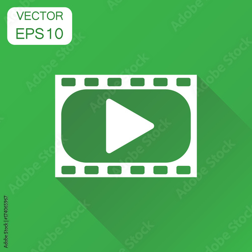 Play icon. Business concept play video pictogram. Vector illustration on green background with long shadow.