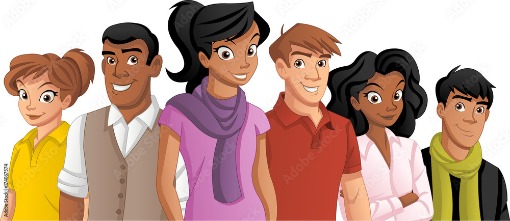 Group of cartoon young people. Group of cartoon young people.