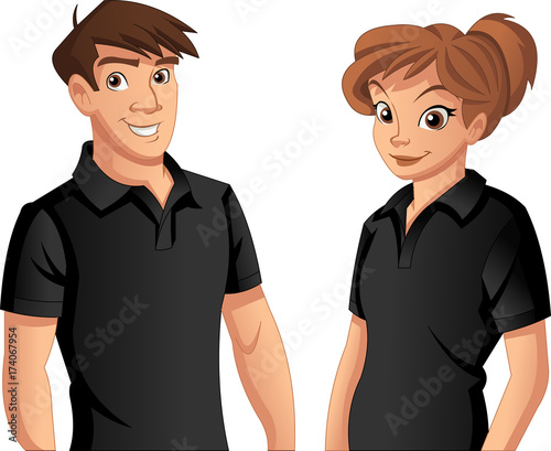 Couple of cartoon young people wearing black polo shirt