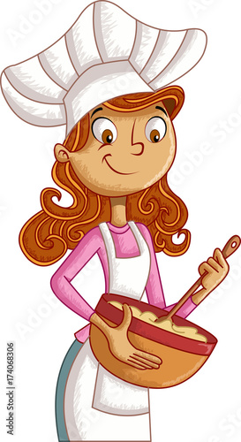 Cartoon woman chef wearing apron and cooking