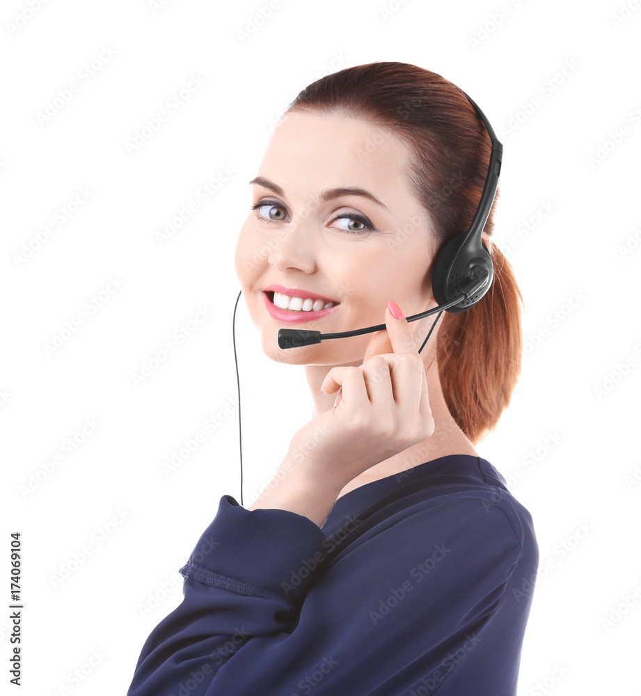 Young woman with headset on white background Young woman with headset on white background